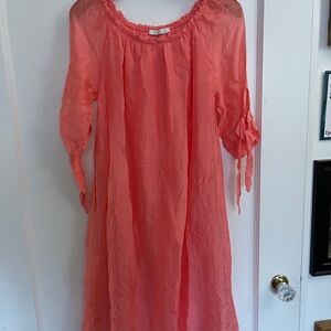 Coral Peasant Dress with Tie Sleeves